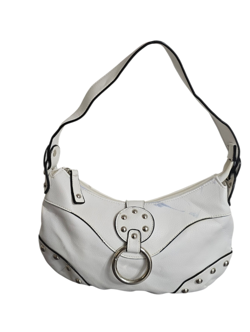 White Leather Hobo Bag with Silver Ring Accent